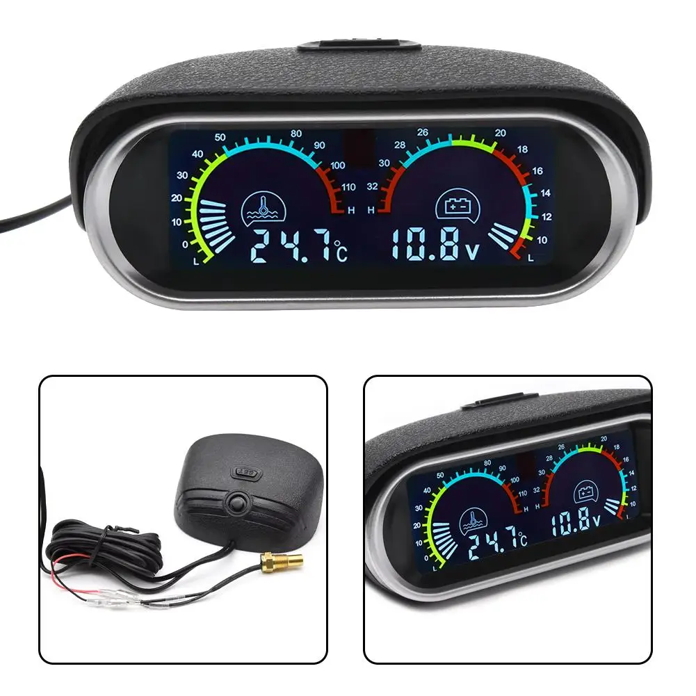 Digital Horizontal 2 in 1 LCD Water Temp Temperature Voltmeter Voltage Gauge With 10mm 1/8NPT Temp Sensor For 12V/24V Car Truck