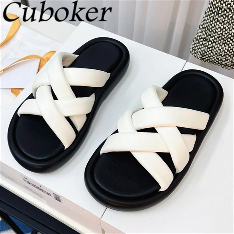 

2024 Summer Real Leather Weave Flat Slippers Women Concise Open Toe Platform Mules Shoes Ladies Casual Beach Flip Flops Femme