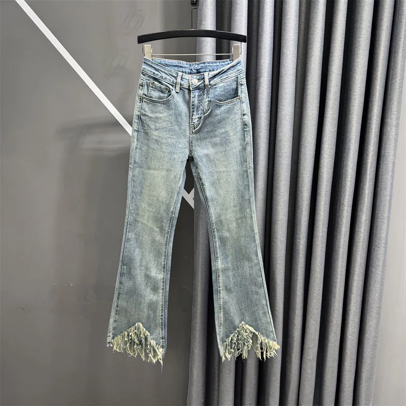 

Персонализированные джинсовые расклешенные брюки с бахромой для женщин, осенние облегающие брюки с высокой талией, простые универсальные расклешенные длинные брюки