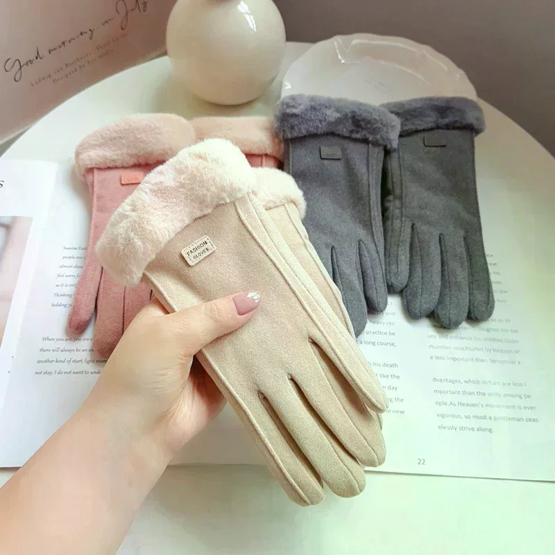 Autumn Winter Warm Suede Gloves Plus Velvet Thickened Plush Decor Cuff Gloves Outdoor Coldproof Touchscreen Riding Ski Gloves