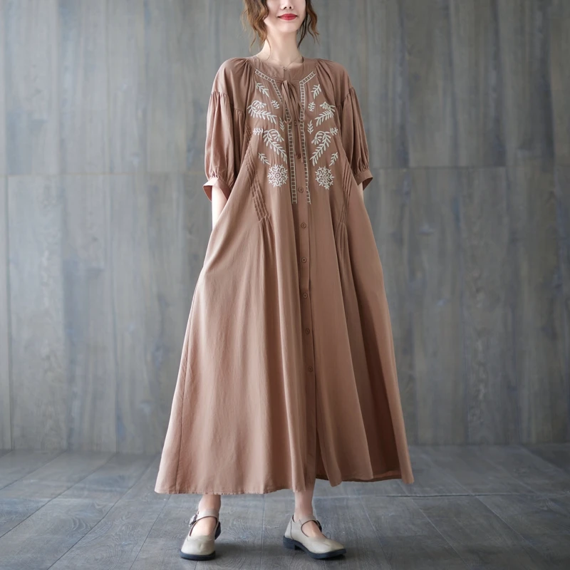 Teelynn Vintage ethnische Stickerei lockeres Kleid für Frauen Tunika Kleid lässig Puff ärmel Kleider Herbst Rayon Baumwolle Boho Vestidos