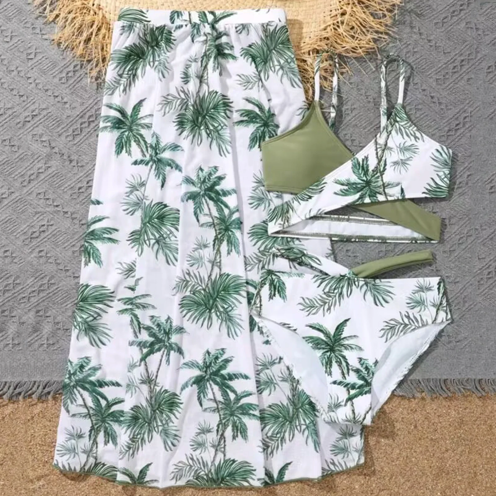 Girls Tropical Print Swimsuits 4-Piece Bohemian Bikini Swimwear  Summer Bathing Beaching Suit Skirts Cross Straps Bikini Bottoms