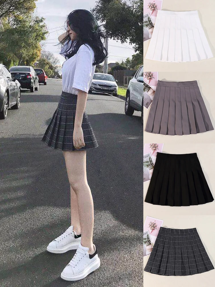 Pleated Skirt For Women 2023 Summer Grey Plaid  A-Line High Waist Mini Faldas Korean Style College Style Girl Black Short Skirts