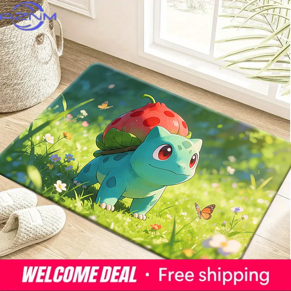 Cute Bulbasaur with Strawberry Bulb in Flower Meadow Print Non-slip Doormat, Soft Absorbent Floor Rug for Home Decor