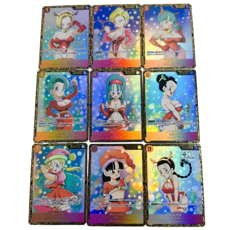 

9pcs/set Dragon Ball Christmas Bulla Android 18 Chichi self made Refraction flash card Anime Classics Game Collection Cards Toy