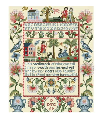  Counted Cross Stitch Kit, Happy Farm Home Happiness Family, Flowers Wisdom Sampler, VS512