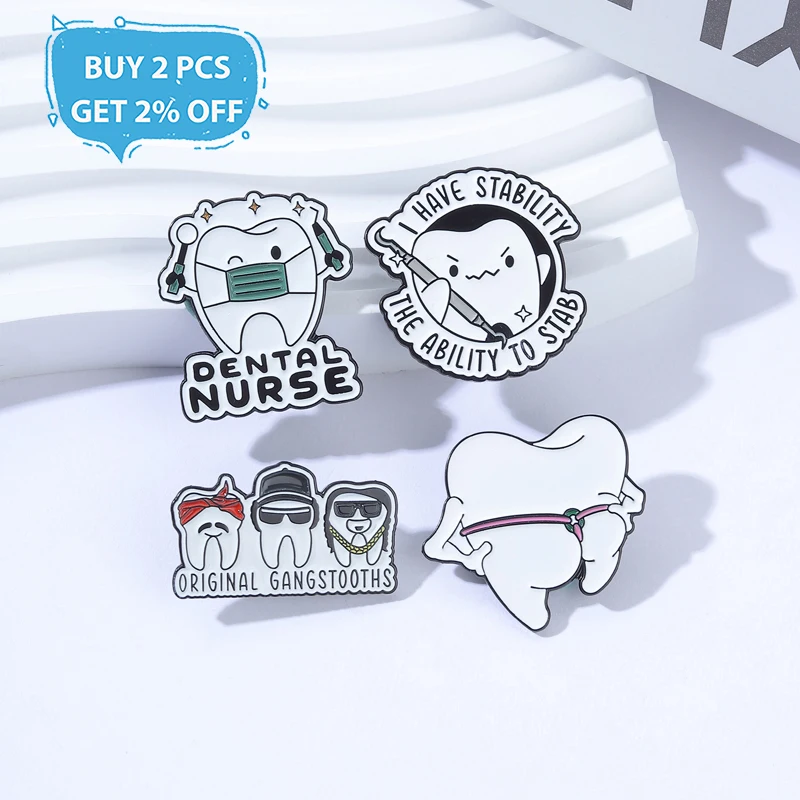 Cute Cartoon Tooth Enamel Pins Dental Nurse And Stable Tooth Metal Brooches Fashion Lapel Badge Backpack Clothes Jewelry Gift