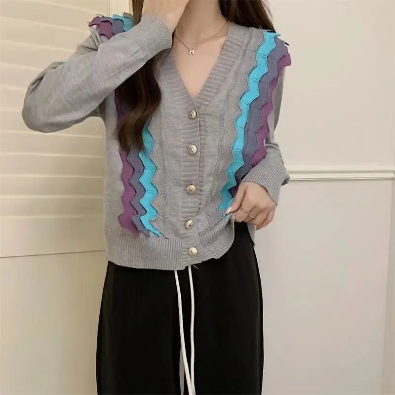 Fashion Sense of Design Patchwork Wave Edge Knitting Cardigan Personality Button Loose Coat Women Classic Long Sleeve V-neck Top