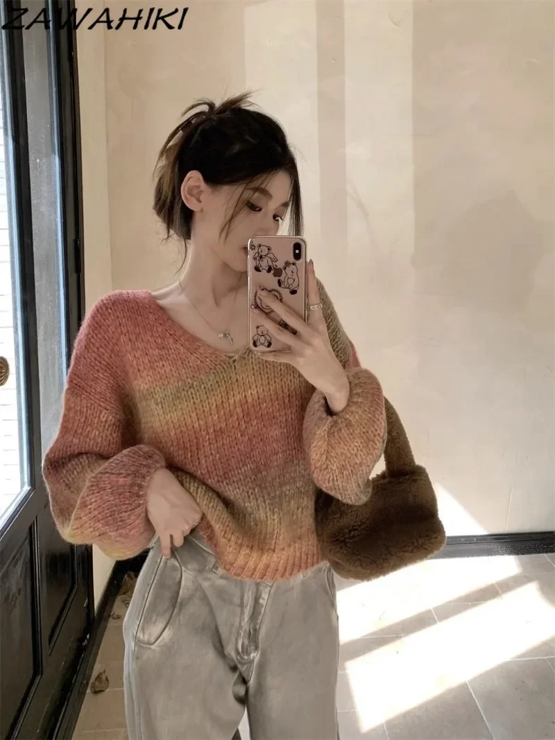 Vintage Japanese Sweet Contrast Color Gradient V-neck Long Sleeve Sweater Women Loose Fall Knitted Y2K Aesthetic Pullovers