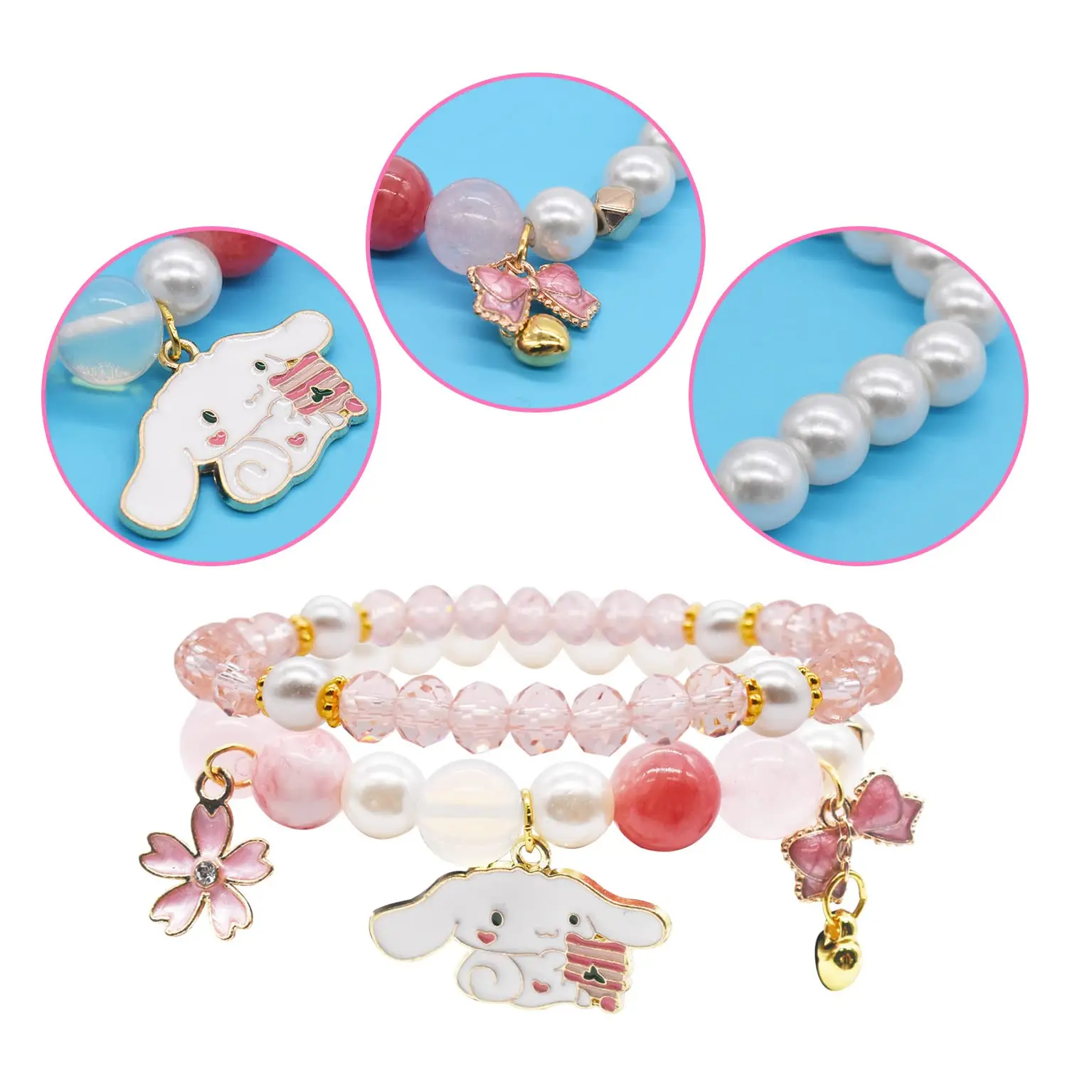 Sanrio Cartoon Crystal Bracelet Cinnamoroll Kuromi Bead Net Women Fashion Jewelry Party Gift Multilayer Expandable Girls Gift