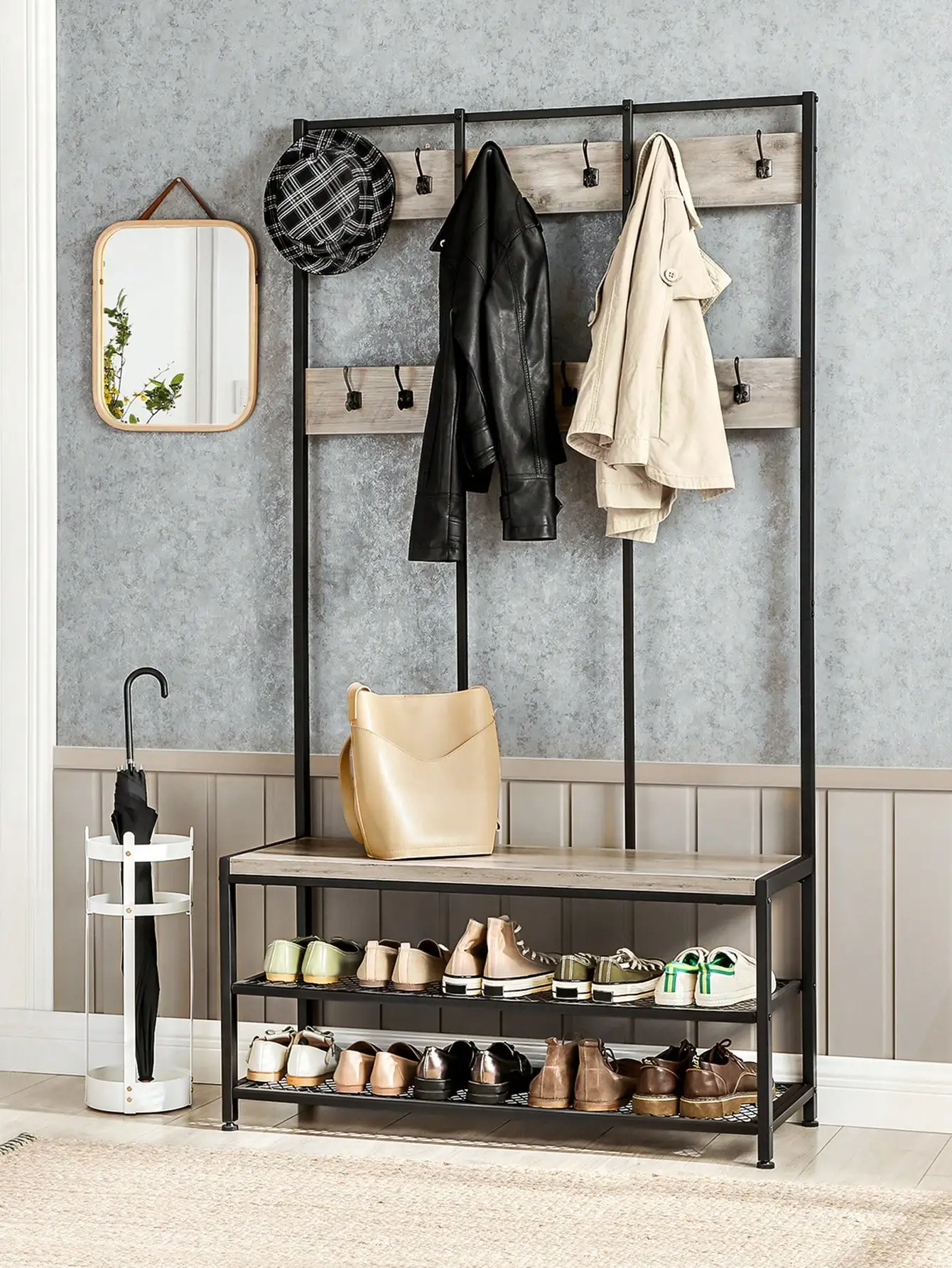 VASAGLE Appendiabiti grande: mobili da ingresso con 12 ganci, panca per scarpe. Stile industriale