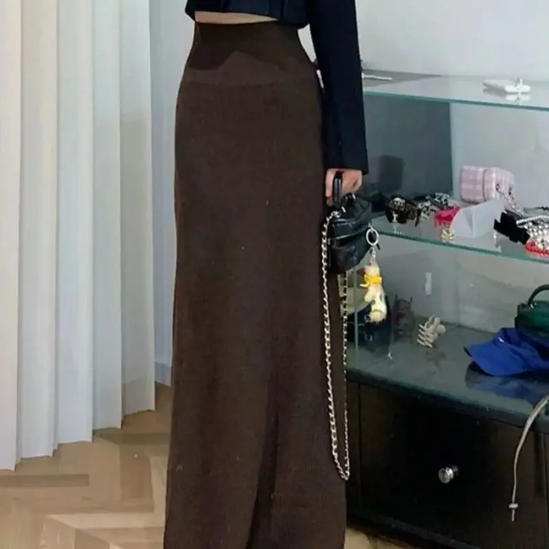 

Новая осенне-зимняя вязаная длинная юбка, женская эластичная талия с запахом на бедрах, элегантная однотонная макси-юбка трапециевидной формы, повседневная юбка Jupe