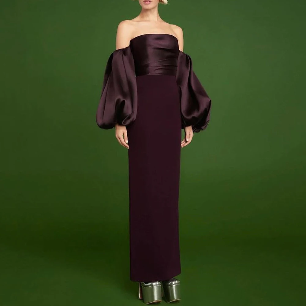 

Simple Strapless Evening Dress Off the Shoulder Puff Three Quarter Floor Length Back Slit Women Backless with Zipper Gowns