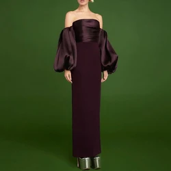 Simple Strapless Evening Dress Off the Shoulder Puff Three Quarter Floor Length Back Slit Women Backless with Zipper Gowns