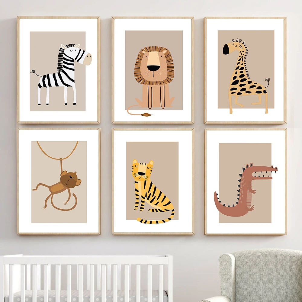 Safari Animals Lion Giraffe Zebra Tiger Monkey Poster Print Canvas Painting Nursery Wall Art Picture Nordic Kids Bedroom Deco