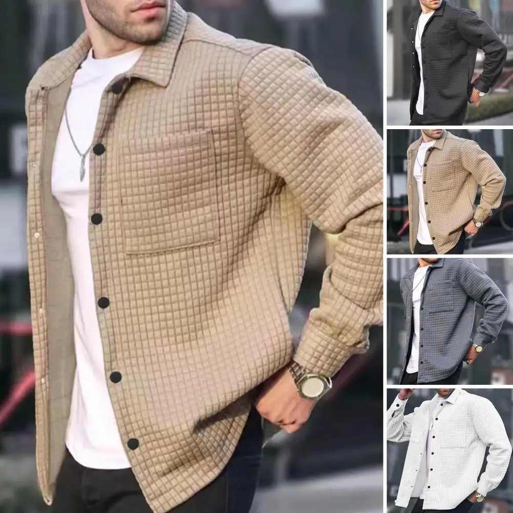 

Men Jacket Men's Spring Cardigan with Turn-down Collar Patch Pocket Soft Breathable Long Sleeve Shirt for A Stylish Look Men