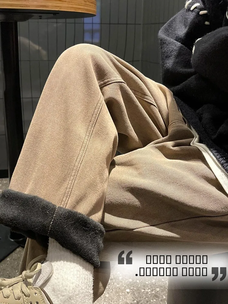 

Thiened Fce Lined Wide Leg Men's Jeans Casual Straight Cut Trousers Retro American High Street Sle Winter Wear