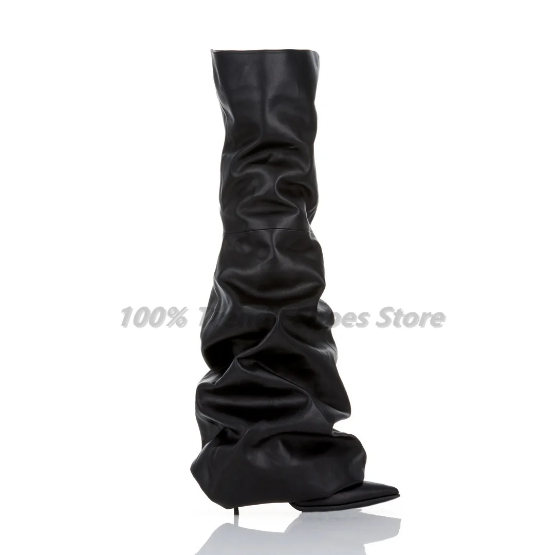 Winter New Style European and American Fashion Thin Heel Square Head Wrinkle Knee High High Heel Stacked Long Tube Boots