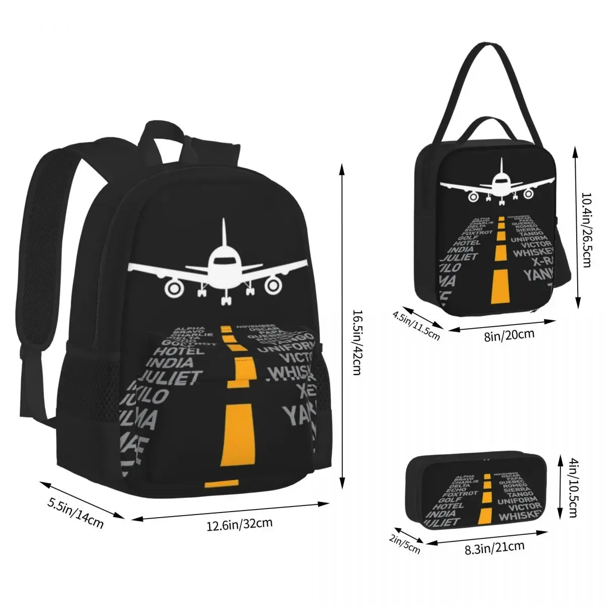 

Airplane Pilot Gifts Airport Runway Phonetic Alphabet Plane Backpack Bookbag School Bags Lunch Bag Pen Bag Three-Piece Set