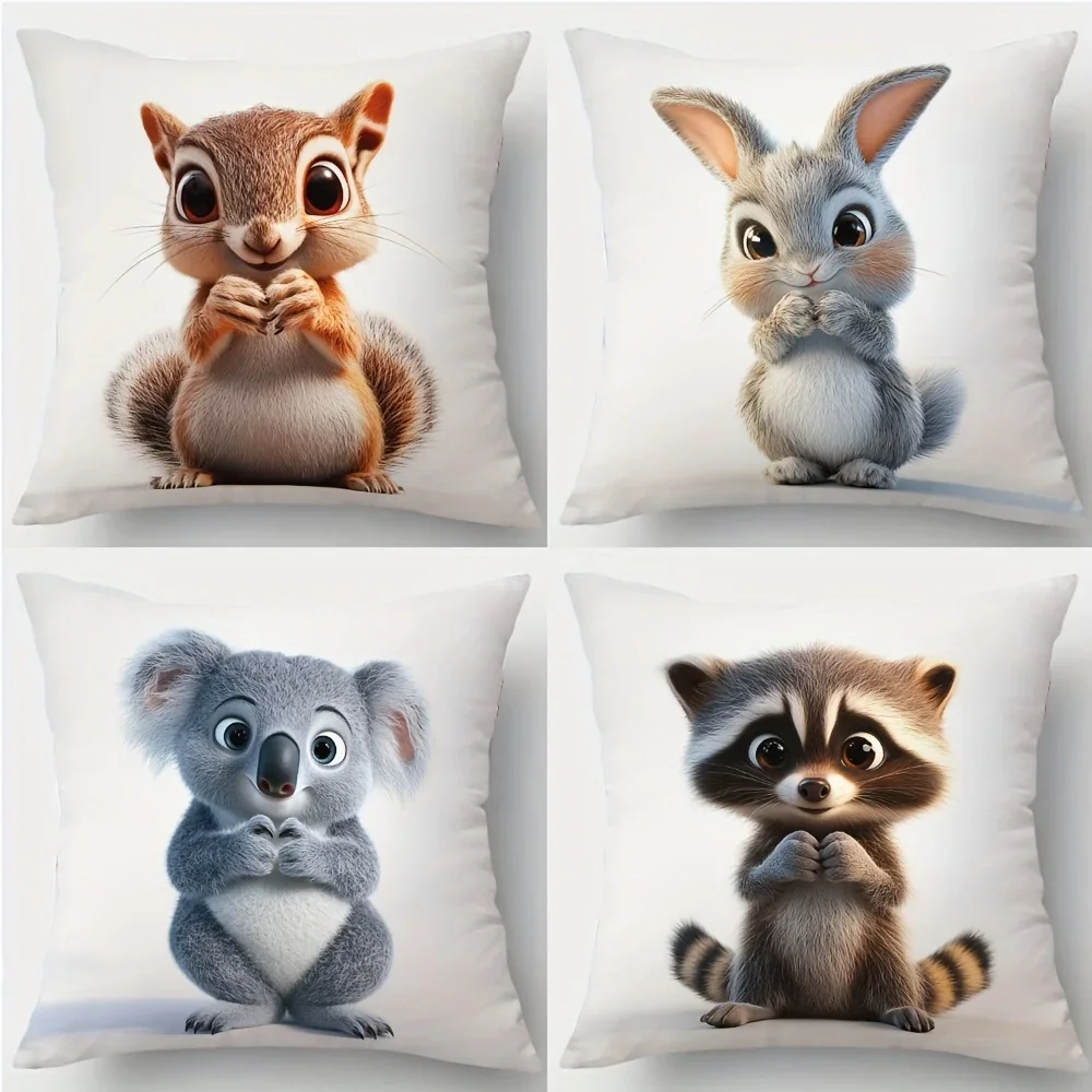 Cute Animal Face Throw Pillow Set - Featuring Squirrel, Bunny, Koala, and Raccoon Designs for Nursery Decor