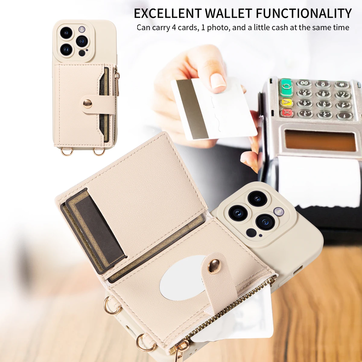 Kunstleder-Handyhülle für IPhone16promax 15 14 13 12 11Plus Mini 7 8plus XSMAX XR Crossbody Anti-Drop mit Spiegel-Geldbörsen-Abdeckung – Detail 8