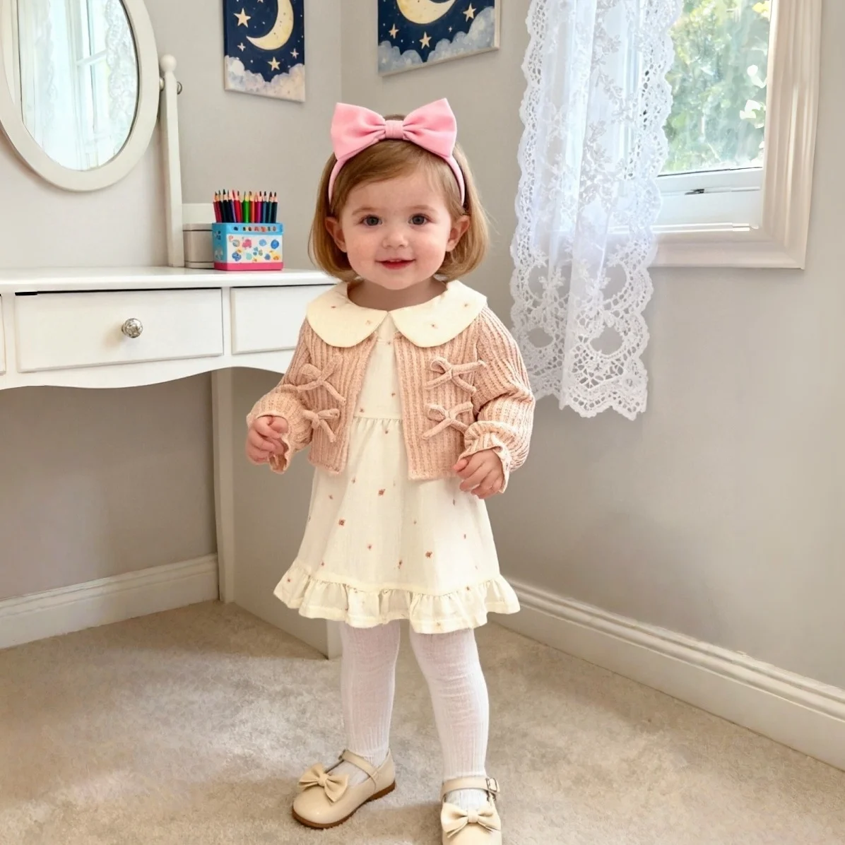 

Новое осенне-зимнее платье для маленьких девочек с милым бантом, имитация кардигана, платье принцессы, детская одежда от 9 месяцев до 3 лет)