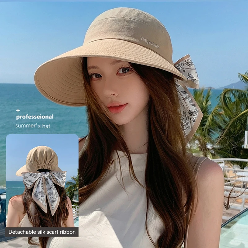 

Summer outdoor travel sun hat fashionable high-end with silk scarf ribbons for shade wide brim for face protection fisherman hat