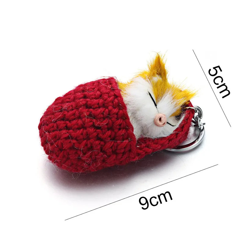 Lovely Sleeping Cat Pompom Keychains Faux Rabbit Fur Cute Kitten Handmade Woven Fluffy Key Chains For Women Girls Gift Car K381