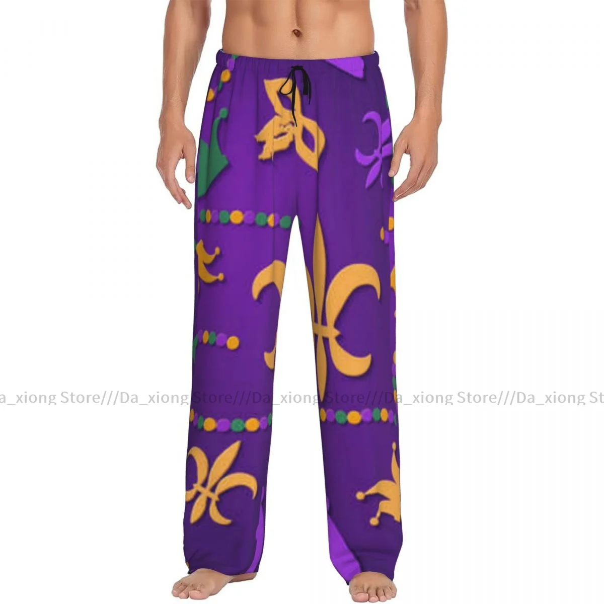 Mens Casual Pajama Long Pant Loose Elastic Waistband Mardi Gras Print Cozy Sleepwear Home Lounge Pants