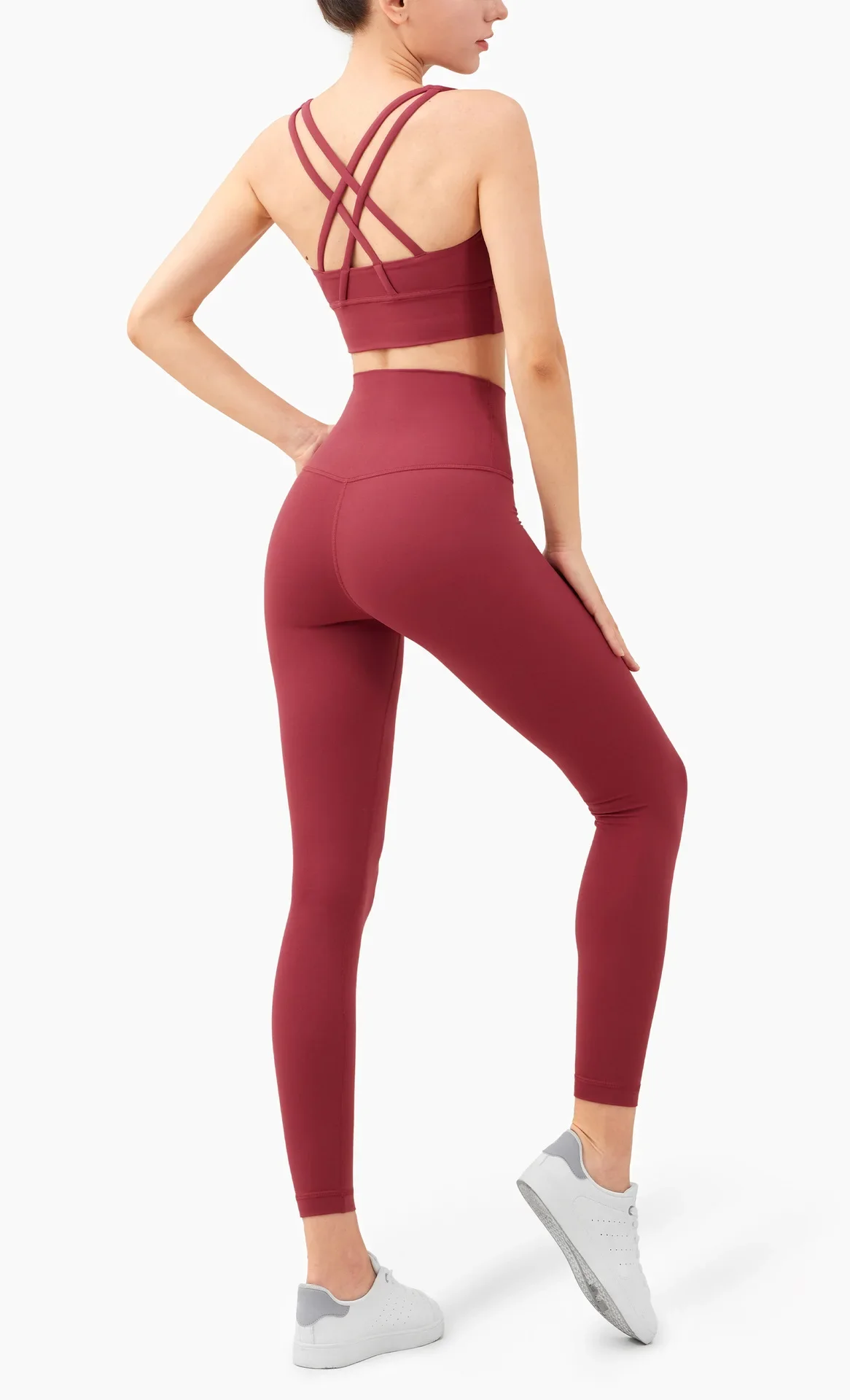 Damen Zweiteiliger Yoga-Anzug in Unifarbe, Hochintensiver Rückenfreier Yoga-BH, Hochgeschnittene Hüftlift-Leggings, Lauf- und Trainingsset – Detail 11