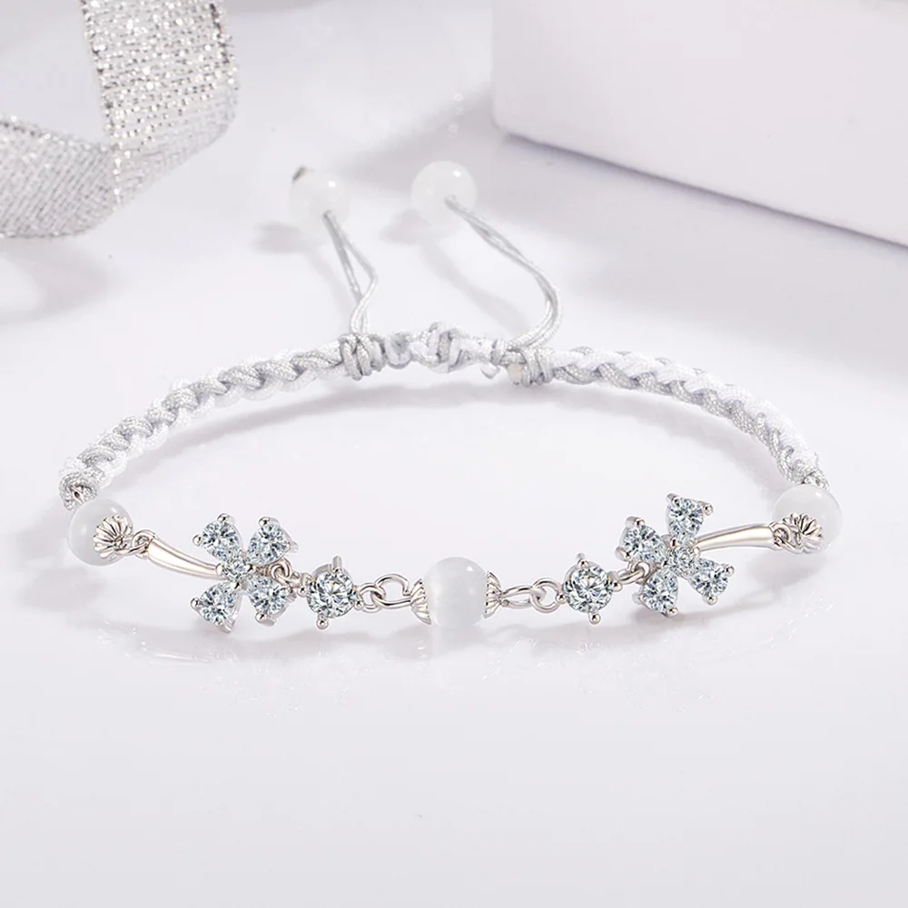 925 Sterling Silver Braided Rope Flowers Charm Bracelet for Women, Wedding Party Jewelry, Elegant Fashion Gift