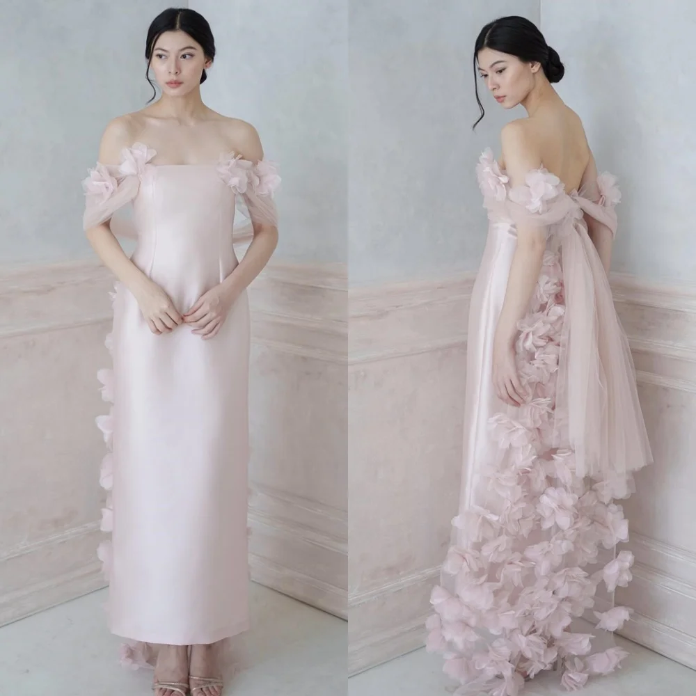 

Customized Elegant Pink Satin Evening Dress Delicate Strapless Off the Shoulder Sleeveless Zipper Back Flowers Cocktail Dress