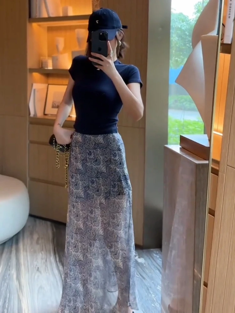 

Новинка лета 2022, женская тюлевая юбка с принтом, трапециевидной формы с высокой талией, юбка-миди с хвостом Fi, тонкий материал с цветочным принтом