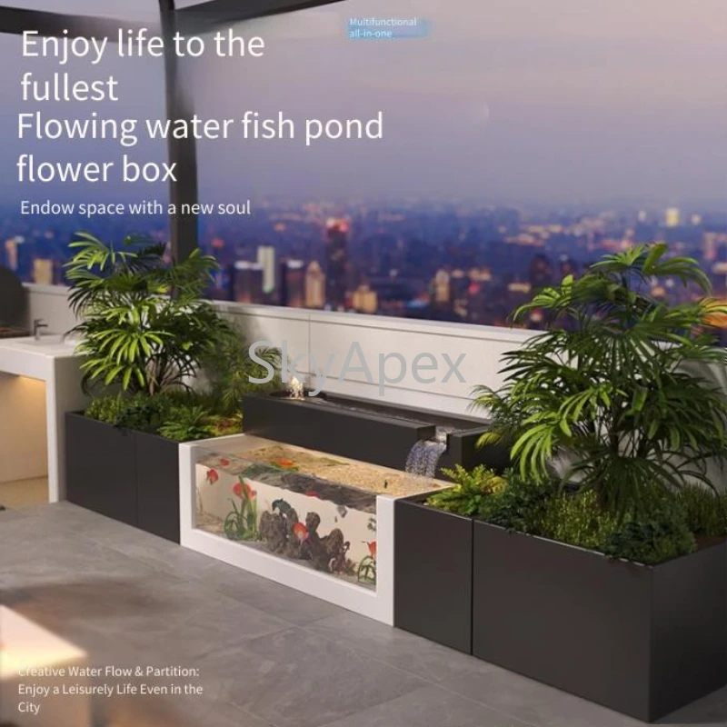 الفولاذ المقاوم للصدأ مستطيلة معدنية زجاجية بركة السمك المياه المتدفقة خزان الأسماك فناء على السطح داخلي فيلا بركة السمك المناظر الطبيعية