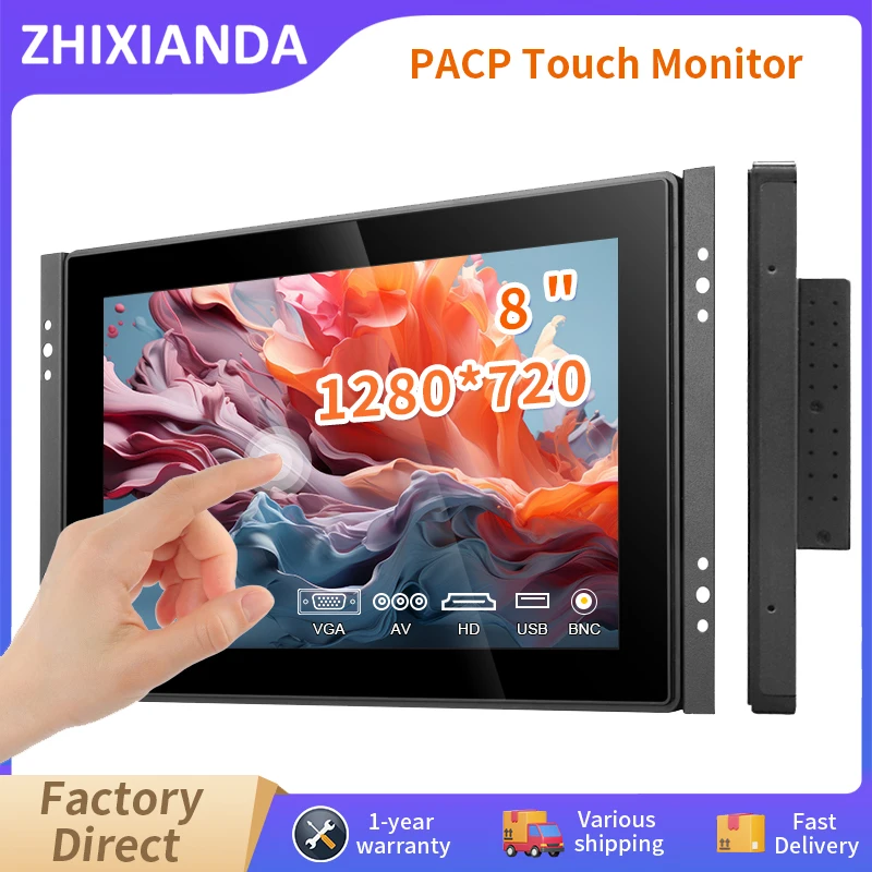 8 Inch Widescreen 1280*720 Flat True Capacitive Touch Screen Monitor Waterproof Open Frame Industrial Display With VGA HDMI USB