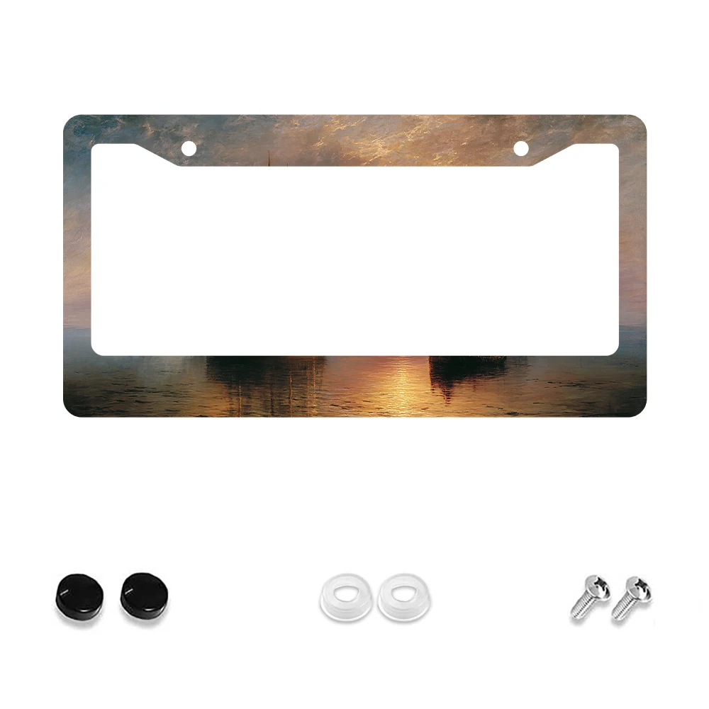 

1pc Retro Gold Sunset Landscape 2-Hole License Plate Frame Aluminum Material 6x12 Inches with Screw Kit Vintage Car Decoration