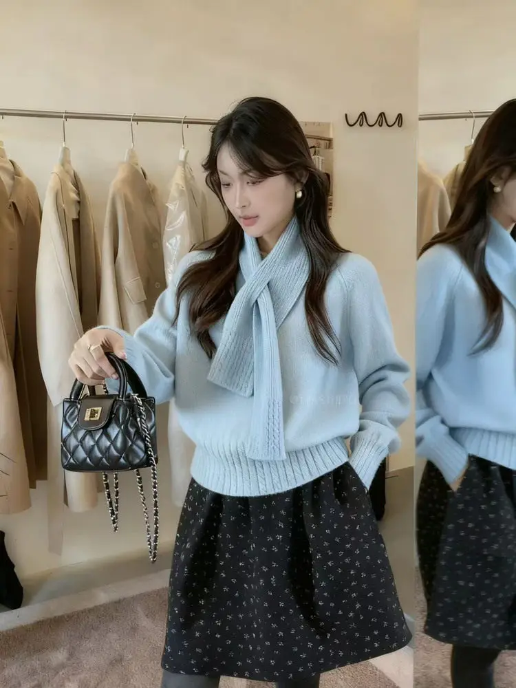Korean Solid Color Warm Women's Sweater with Scarf Autumn Winter Soft Comfort Pullover Female Lazy Style Round Neck Knitwear