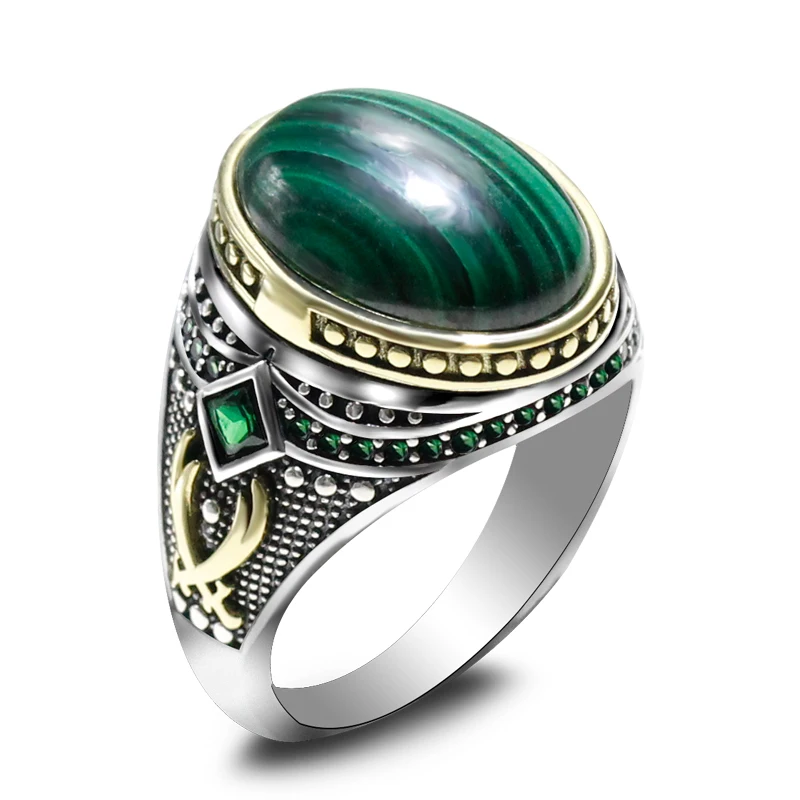 

New Men's Ring 925 Sterling Silver Natural Green Malachite Oval Stone Ring Simple Classic Seal Couple Ring Jewelry Women's Gift