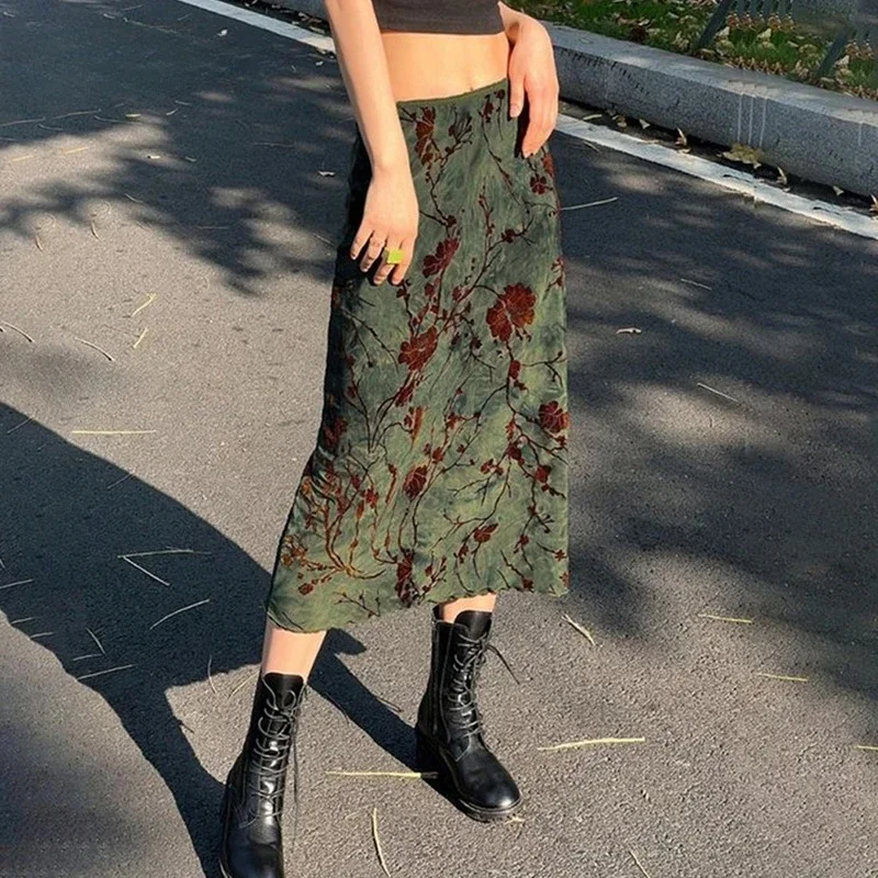 

Y2K Floral Midi Skirts Vintage Fairycore Grunge Pleated Skirts Women Holiday Bohemian Long Skirts Harajuku Korean Chic