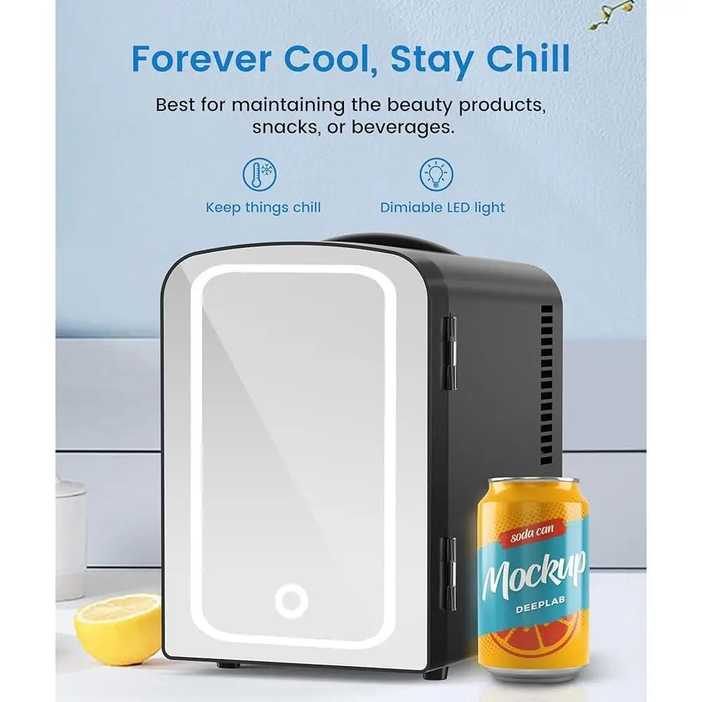 Mini Refrigerator with LED Makeup Mirror 4L Cosmetics Cooler Skincare Breast Milk Medications Portable Solution