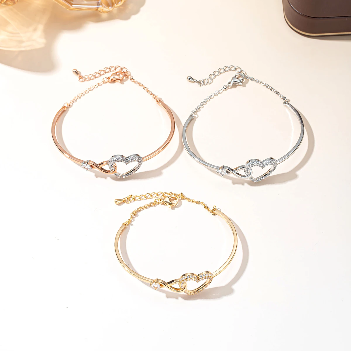3 Colors Infinity Love Heart Bracelet for Women - Rose Gold/Silver/Gold Plated CZ Bangle Adjustable Chain Jewelry Gift for Valen