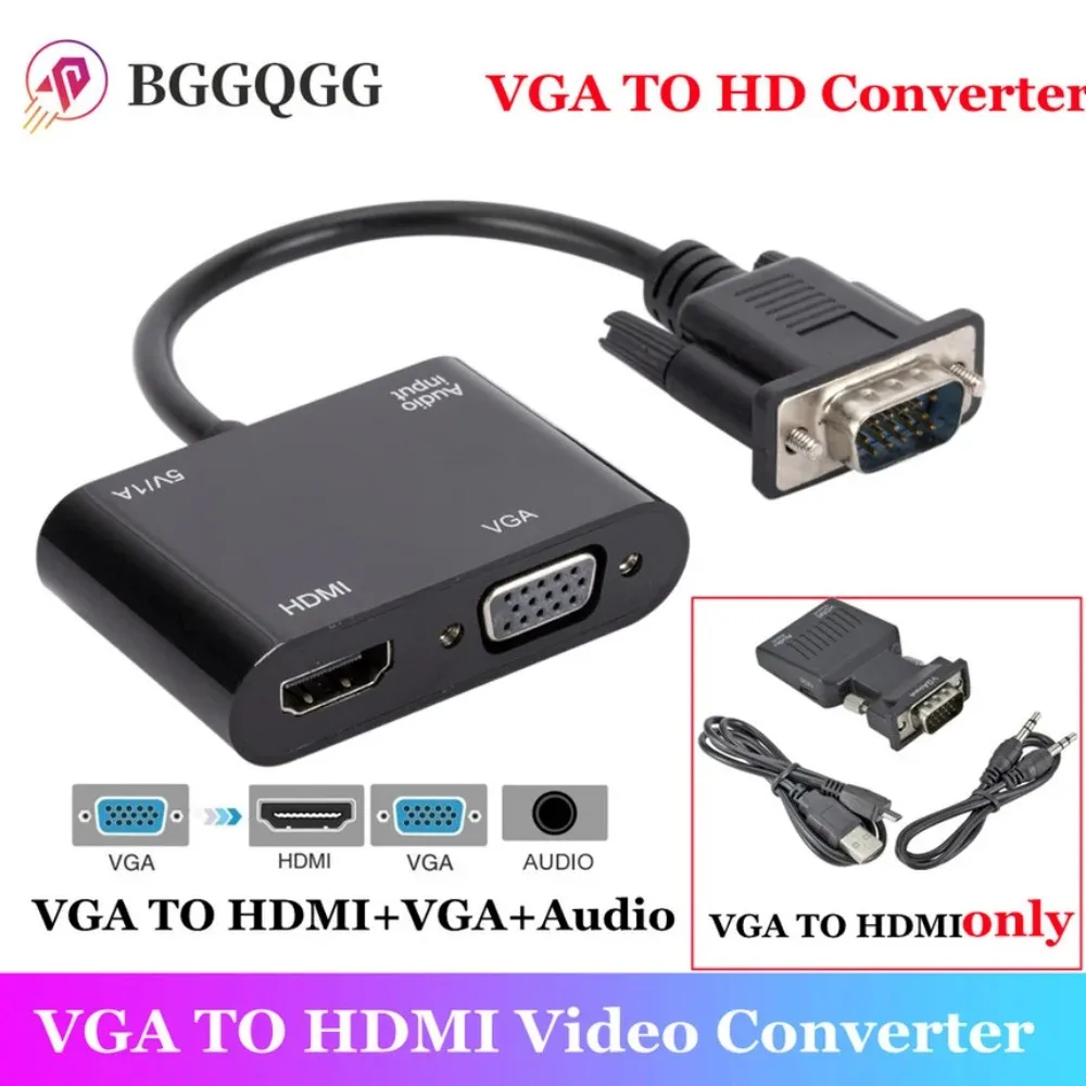 VGA to HDMI-Compatible Adapter VGA Splitter with 3.5mm Audio Converter Support Dual Display for PC Projector HDTV Multi-port VGA