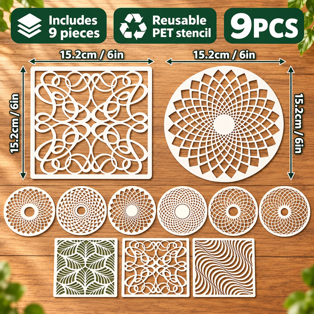 9Pcs Geometric Mandala Stencils Reusable PET Stencils for Painting Spiral Pattern Craft Templates Wall Wood Fabric DIY Art Decor