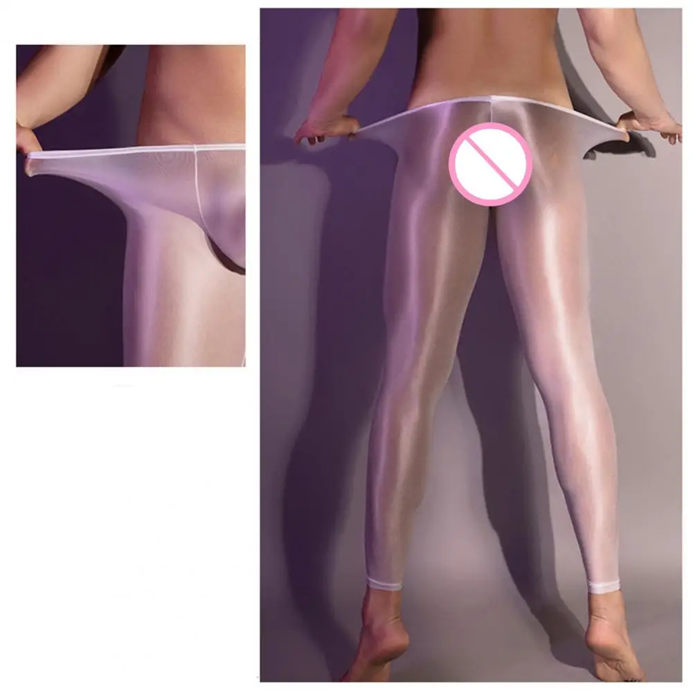 Men Sexy Long Pants See-Through Oil Glossy thin Stretchy Leggings Shiny Ice Silky Thermal Underwear Bottom Skinny Pants