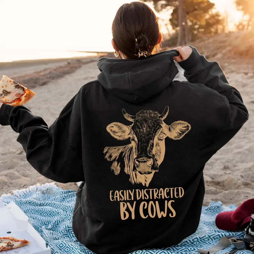 

Easily Distracted By Cows Sweatshirts Women's Funny Country Hoodie Cowgirl Sweatshirt Humorous Saying Sweater Cow Hoodies