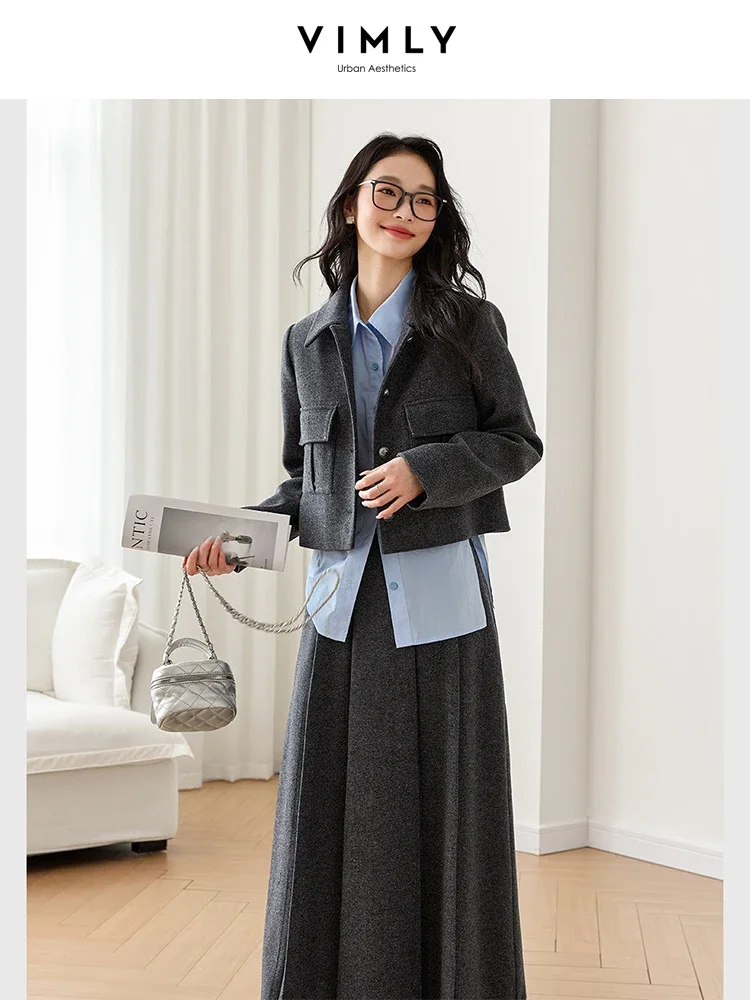 VIMLY Women's Elegant Woolen Suit Skirt Set Winter Casual Loose Pad Thick Jacket Simple Elastic Waist Skirt Office Lady Outfit