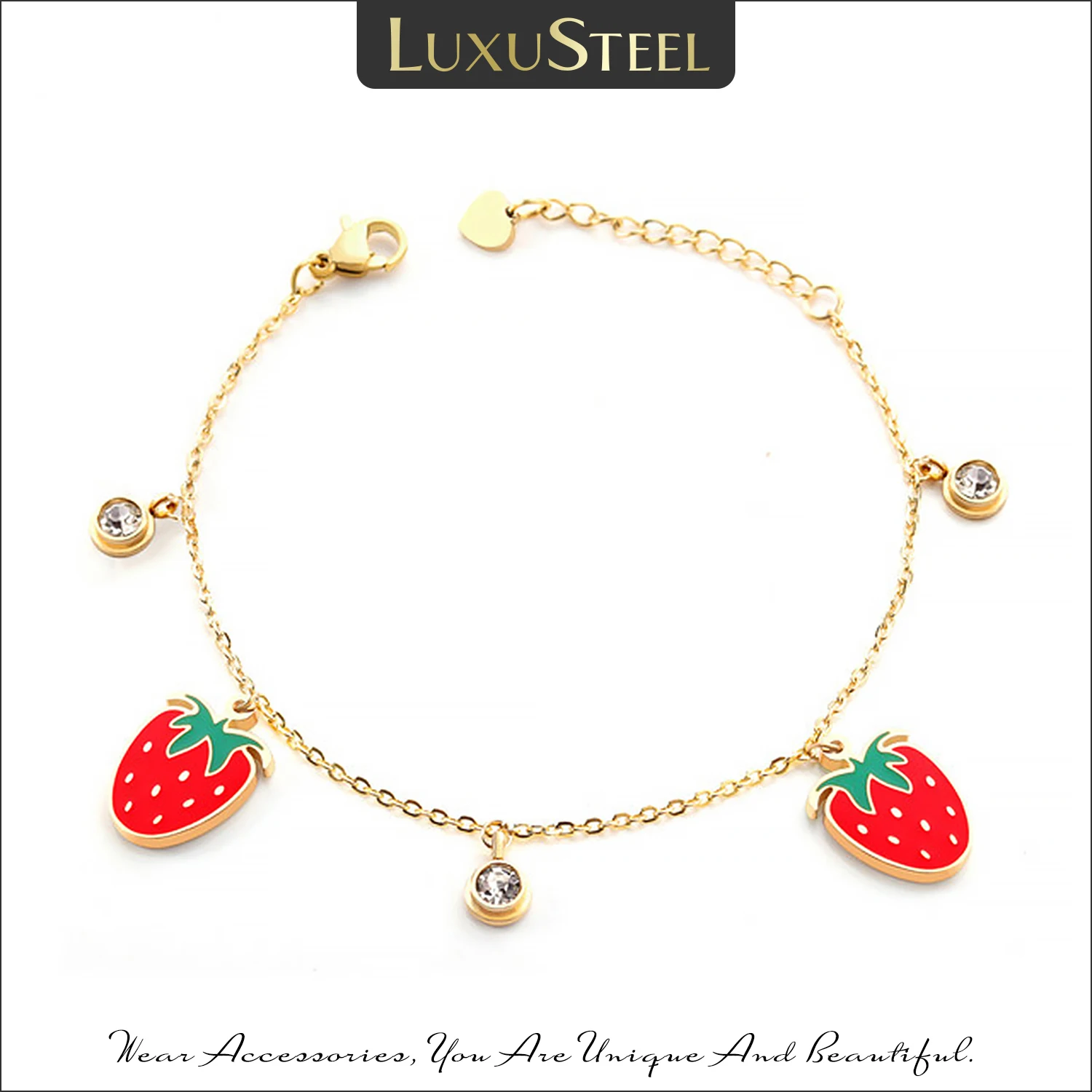 LUXUSTEEL Cute Baby Girl Strawberry and Round Cubic Zirconia Chains Bracelets Best Friend Stainless Steel Collier Bangles Mujer