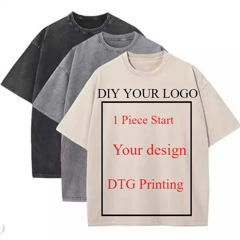 Customized T Shirt DTG Printing Men Women Oversized T-Shirt Heavyweight Cotton Retro Washed Tee Hip Hop Style Couple Streetwear