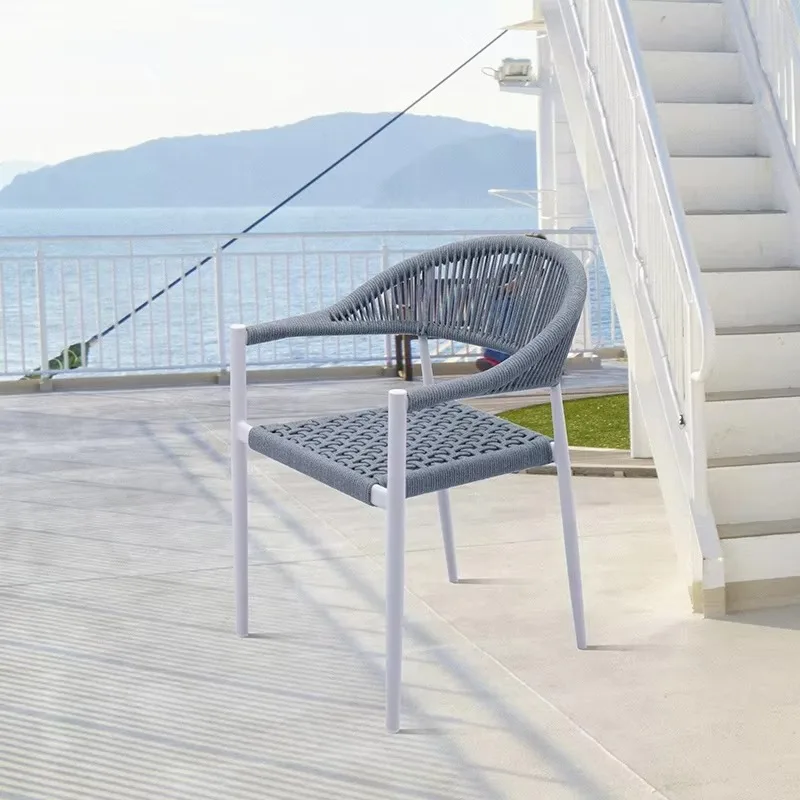 

Modern Garden Restaurant Aluminum Frame Armchairs Furniture Outdoor Patio Cafe Light Blue Woven Rope Dining Chairs