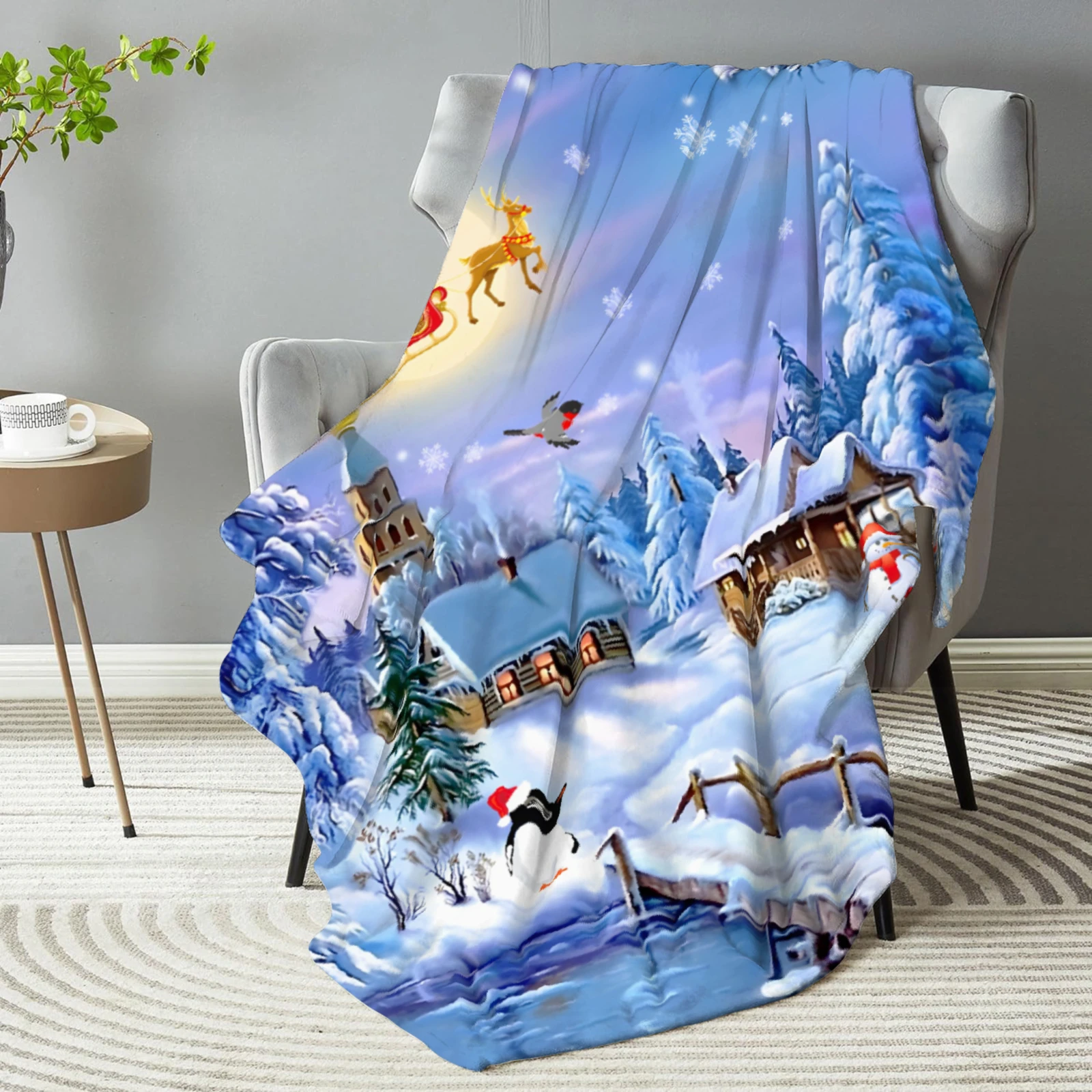 1pc Blue Christmas Blanket Snow Deer 3D Print Smooth Flannel Blanket for Home Living Room Bedroom Decor New Year Christmas Gift